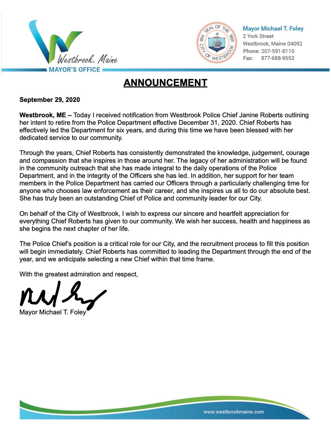 Mayor Michael T. Foley Announcement on Police Chief Janine Roberts retirement